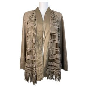 Chico's Faux Suede‎ Lightweight Jacket Open Front Light Brown Fringe Size L